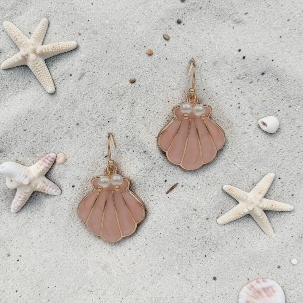 Pearl Shell Drop Earrings | Enamel Scallop | Coastal Summer